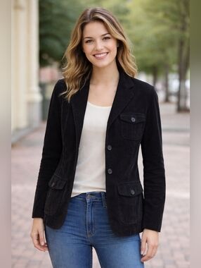 Lands’ End Black Corduroy Blazer Classic Lightweight Tailored Jacket (Size 6)